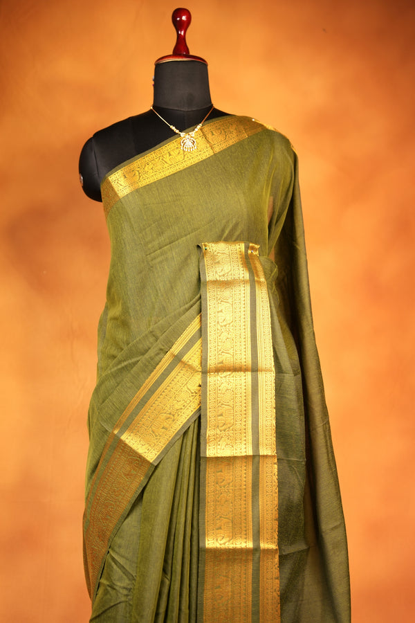 Chettinad Cotton Saree | Moss Green with Wide Gold Zari Temple Border & Pallu | Daily & Festive Wear