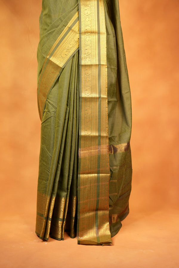 Chettinad Cotton Saree | Moss Green with Wide Gold Zari Temple Border & Pallu | Daily & Festive Wear