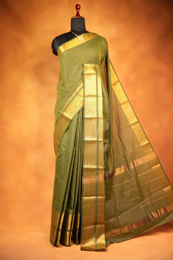 Chettinad Cotton Saree | Moss Green with Wide Gold Zari Temple Border & Pallu | Daily & Festive Wear