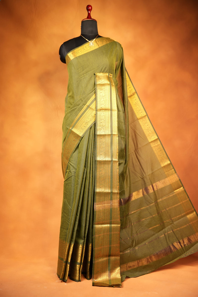 Chettinad Cotton Saree | Moss Green with Wide Gold Zari Temple Border & Pallu | Daily & Festive Wear