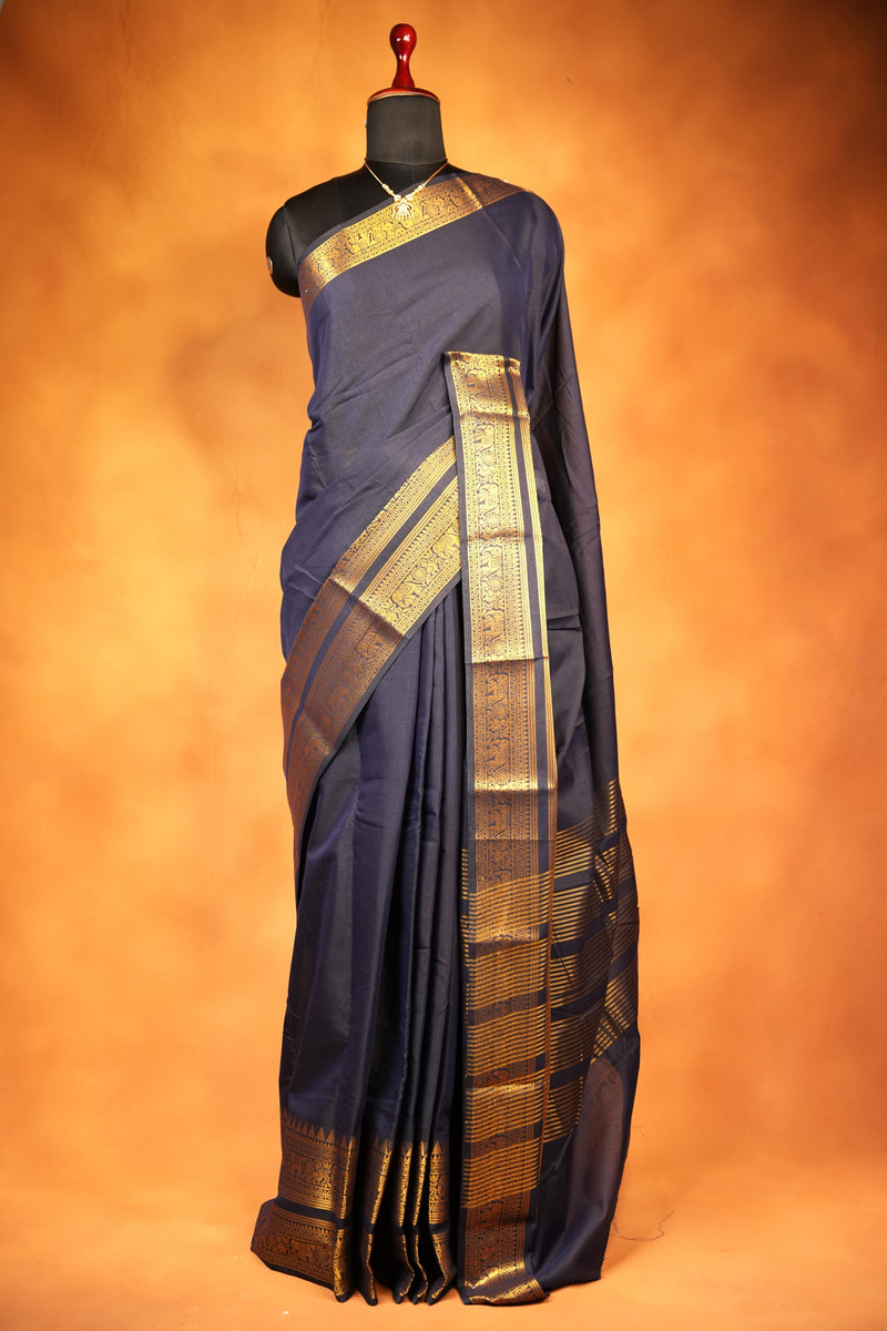 Chettinad Cotton Saree | Navy Blue with Wide Gold Zari Temple Border & Pallu | Daily & Festive Wear