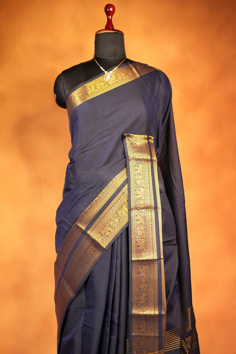 Chettinad Cotton Saree | Navy Blue with Wide Gold Zari Temple Border & Pallu | Daily & Festive Wear