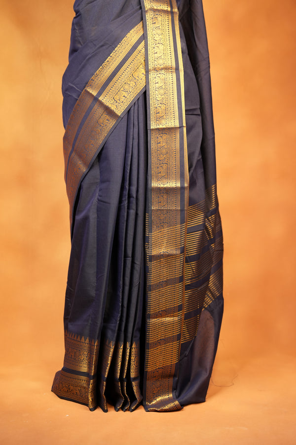 Chettinad Cotton Saree | Navy Blue with Wide Gold Zari Temple Border & Pallu | Daily & Festive Wear