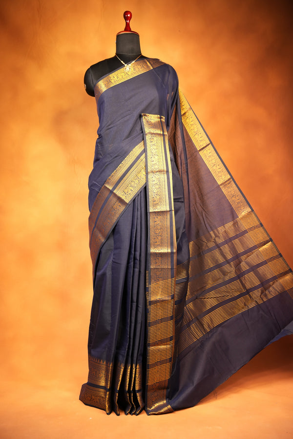 Chettinad Cotton Saree | Navy Blue with Wide Gold Zari Temple Border & Pallu | Daily & Festive Wear