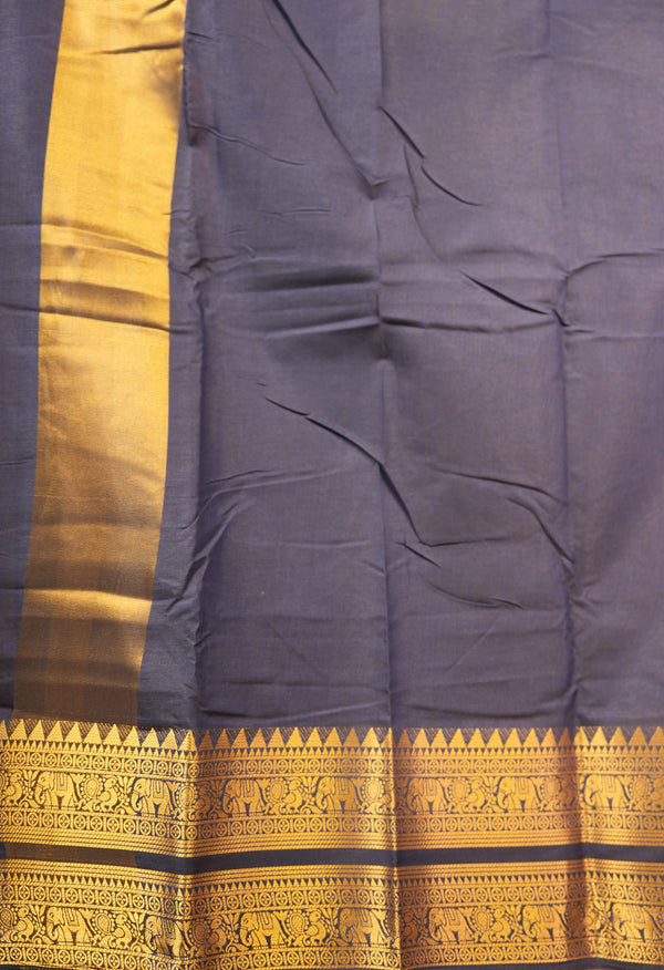 Chettinad Cotton Saree | Navy Blue with Wide Gold Zari Temple Border & Pallu | Daily & Festive Wear
