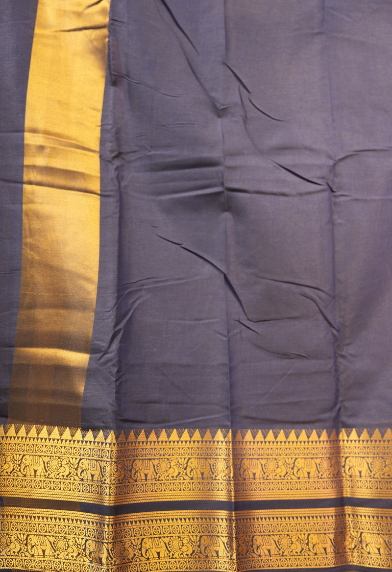 Chettinad Cotton Saree | Navy Blue with Wide Gold Zari Temple Border & Pallu | Daily & Festive Wear