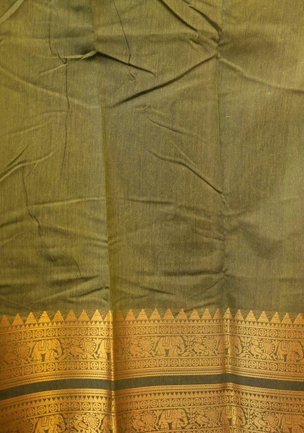 Chettinad Cotton Saree | Moss Green with Wide Gold Zari Temple Border & Pallu | Daily & Festive Wear
