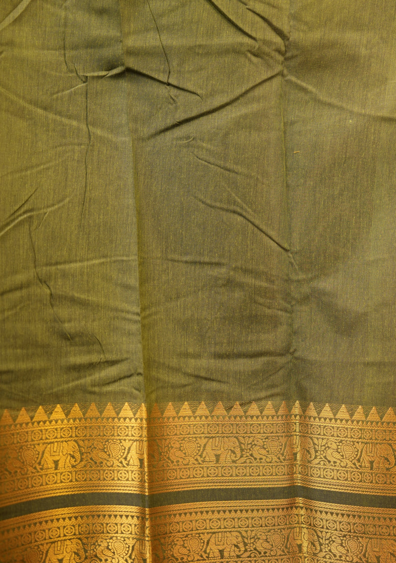 Chettinad Cotton Saree | Moss Green with Wide Gold Zari Temple Border & Pallu | Daily & Festive Wear