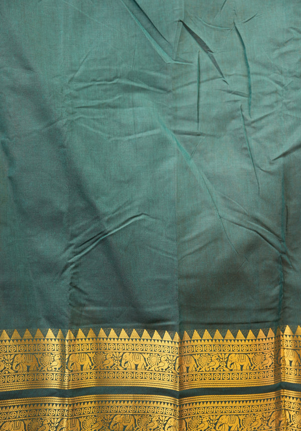 Chettinad Cotton Saree | Bottle Green with Wide Gold Zari Temple Border & Pallu | Daily & Festive Wear