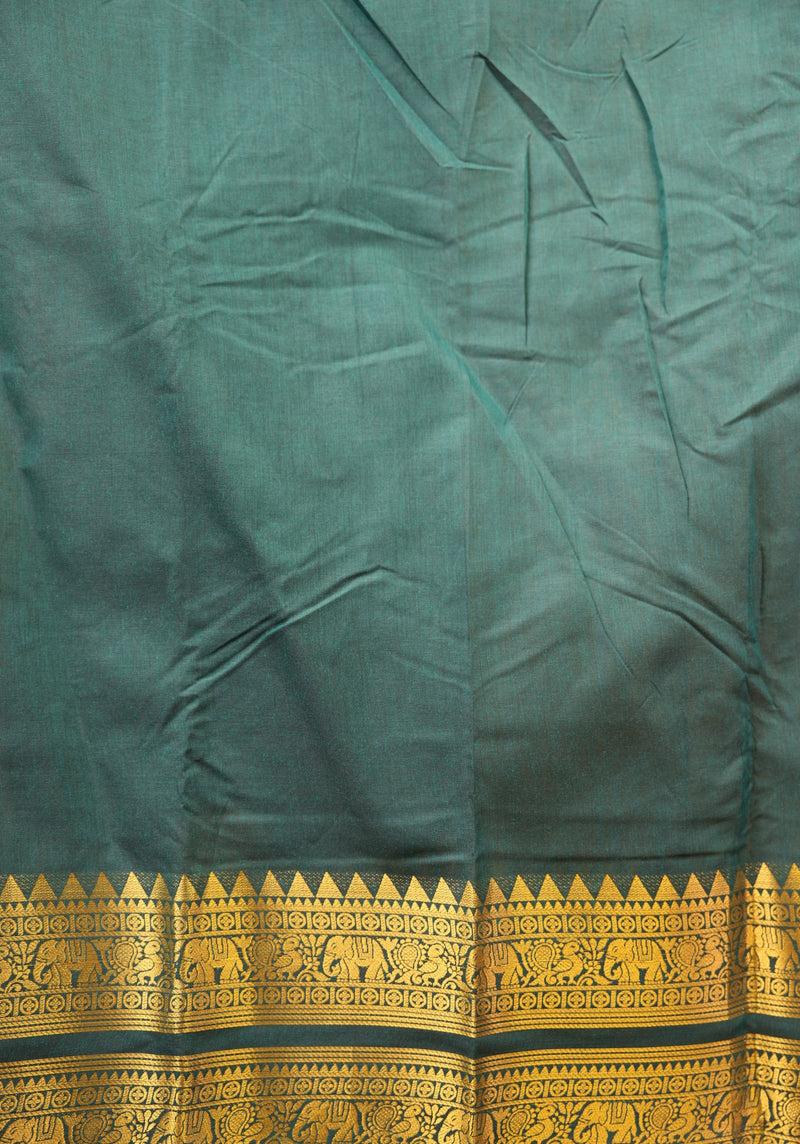 Chettinad Cotton Saree | Bottle Green with Wide Gold Zari Temple Border & Pallu | Daily & Festive Wear