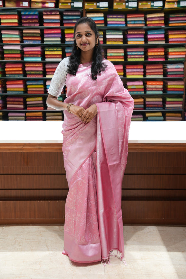 Fancy Cotton Saree | Baby Pink with All-Over Silver Zari Floral Weaving & Pallu | Festive & Function Wear