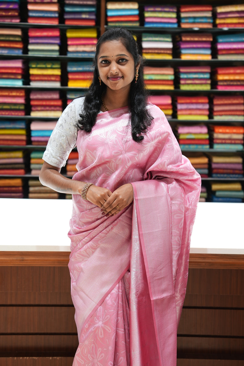 Fancy Cotton Saree | Baby Pink with All-Over Silver Zari Floral Weaving & Pallu | Festive & Function Wear