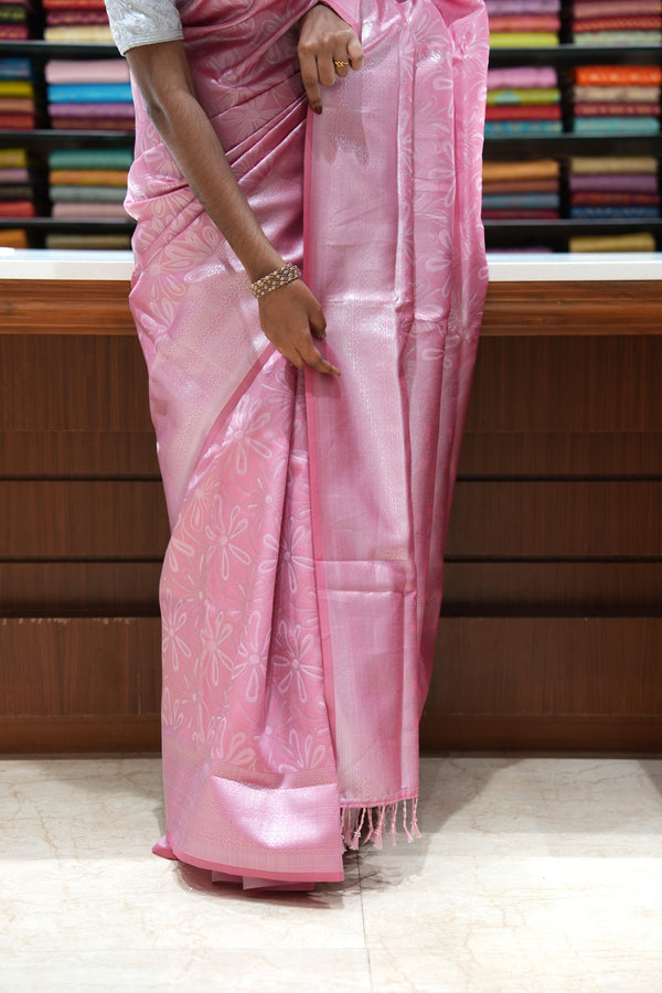 Fancy Cotton Saree | Baby Pink with All-Over Silver Zari Floral Weaving & Pallu | Festive & Function Wear