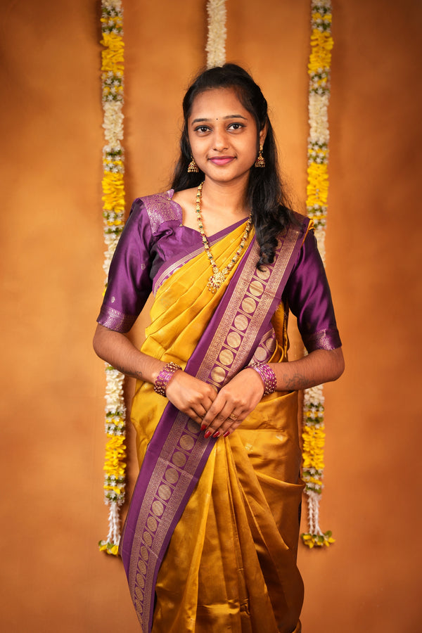 Katan Silk Saree | Mustard Yellow with Purple Gold Zari Medallion Border & Pallu | Wedding & Festive Wear