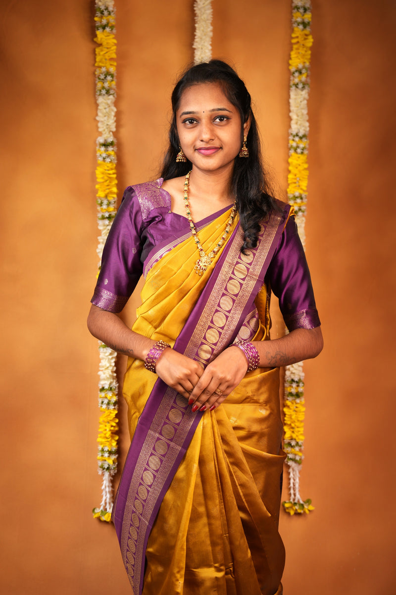 Katan Silk Saree | Mustard Yellow with Purple Gold Zari Medallion Border & Pallu | Wedding & Festive Wear