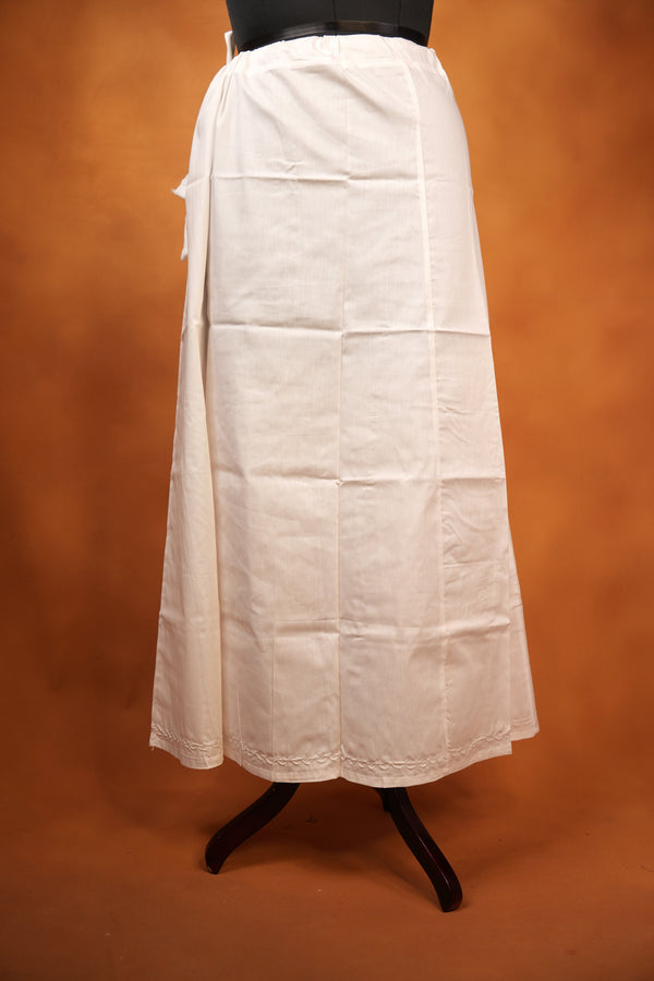 Cotton Inskirt | White Saree Petticoat with Drawstring Waist & Embroidered Hem | Daily Wear