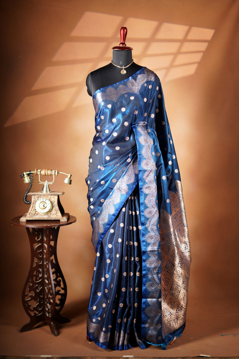 Navy Blue Banarasi Silk Saree | Zari Butta & Pallu | Traditional Festive Wear with Blouse