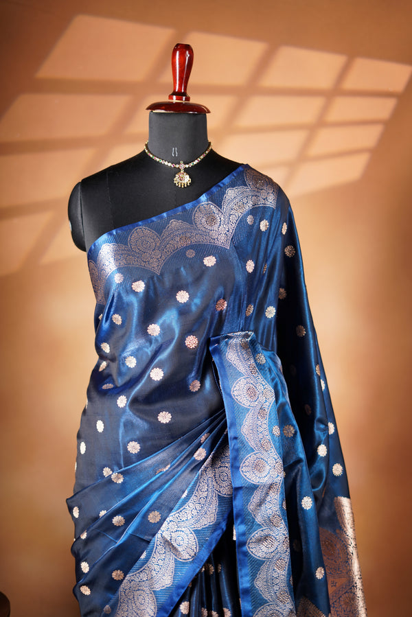 Navy Blue Banarasi Silk Saree | Zari Butta & Pallu | Traditional Festive Wear with Blouse
