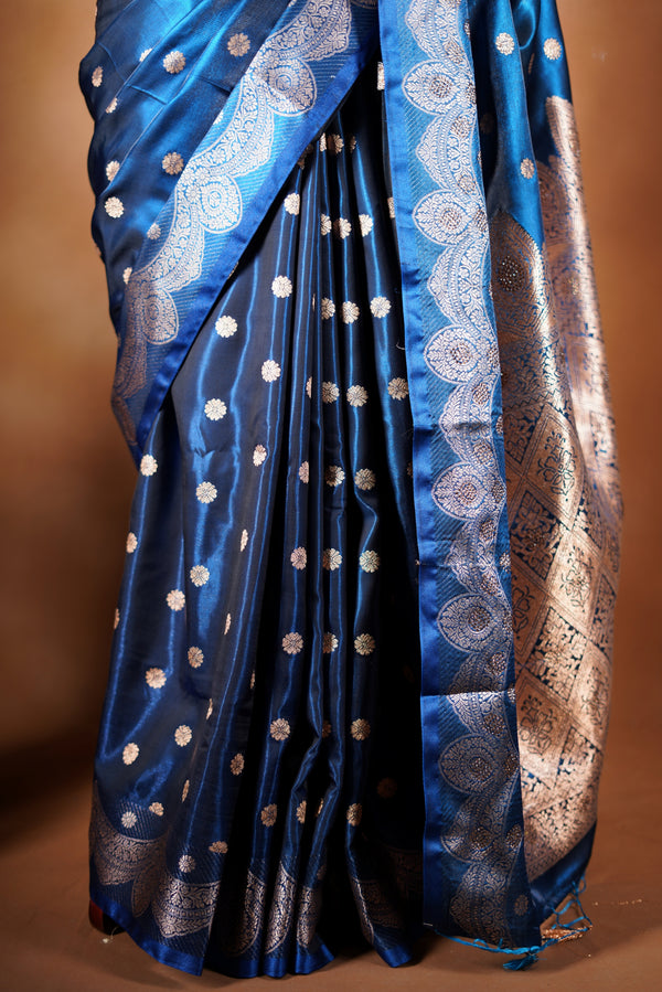 Navy Blue Banarasi Silk Saree | Zari Butta & Pallu | Traditional Festive Wear with Blouse