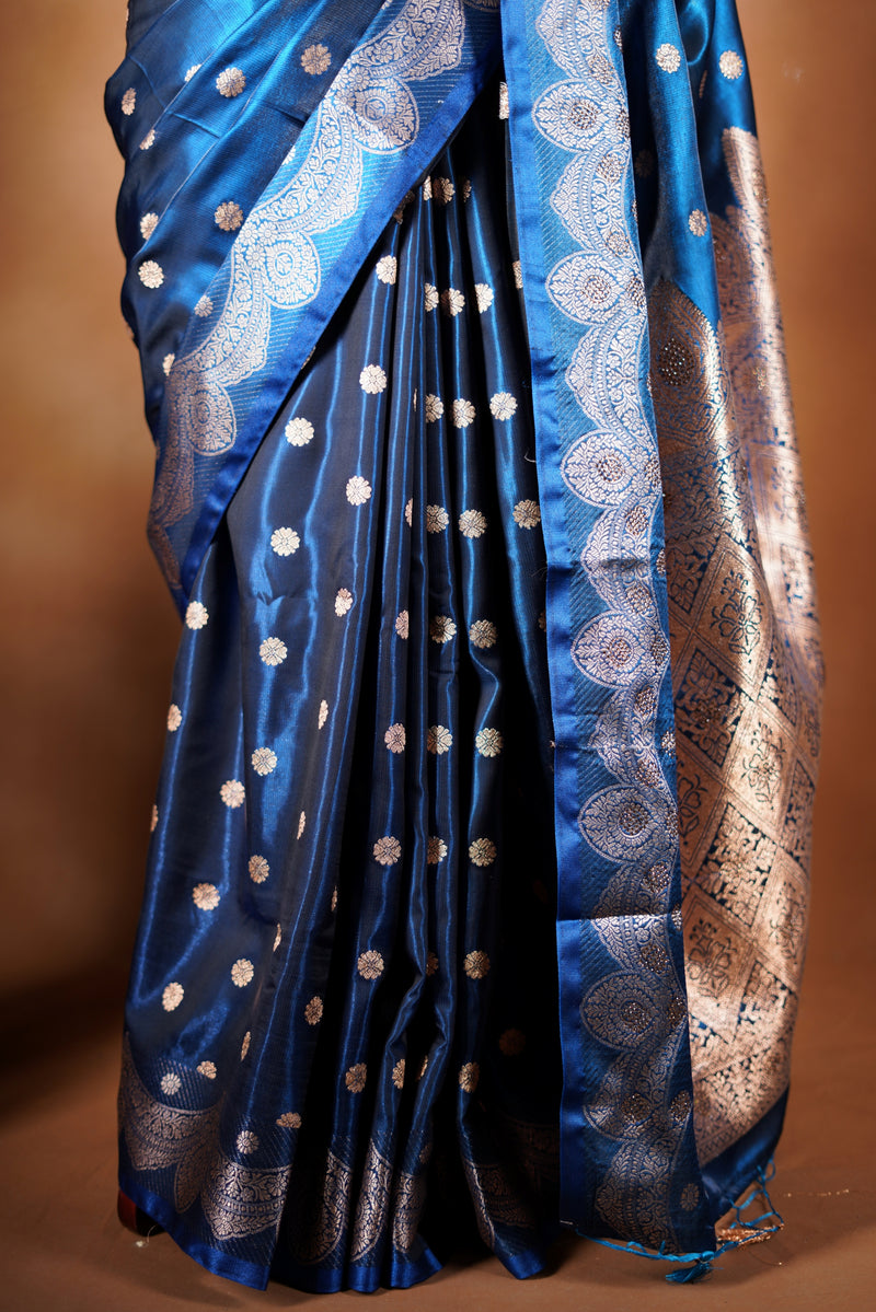 Navy Blue Banarasi Silk Saree | Zari Butta & Pallu | Traditional Festive Wear with Blouse