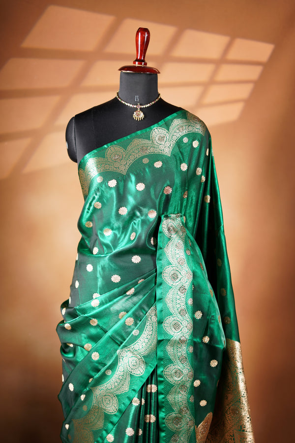 Metallic Green Banarasi Silk Saree | Designer Zari Border & Pallu | Festive & Party Wear