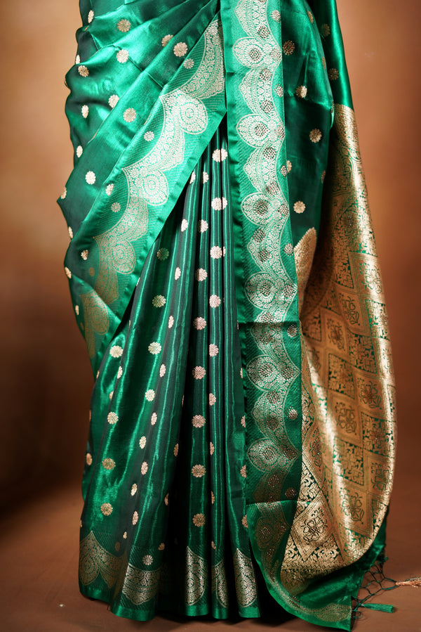 Metallic Green Banarasi Silk Saree | Designer Zari Border & Pallu | Festive & Party Wear