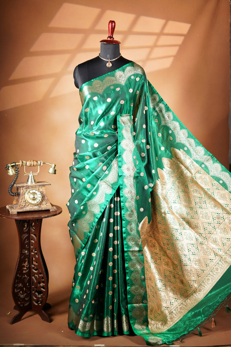 Metallic Green Banarasi Silk Saree | Designer Zari Border & Pallu | Festive & Party Wear