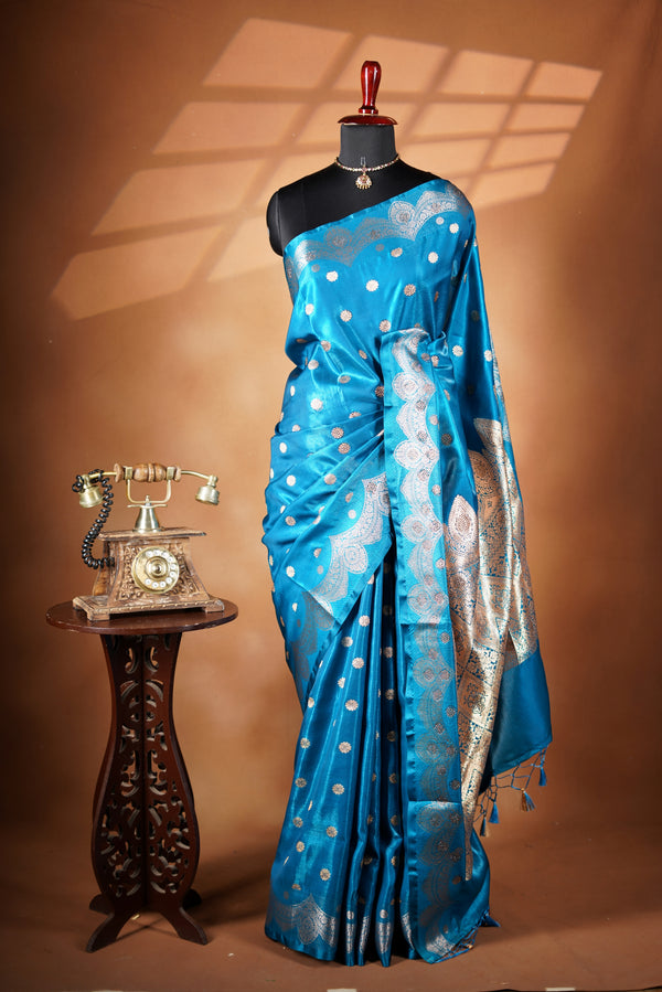 Turquoise Blue Banarasi Silk Saree | Silver Zari Border | Festive Wear with Solid Blouse