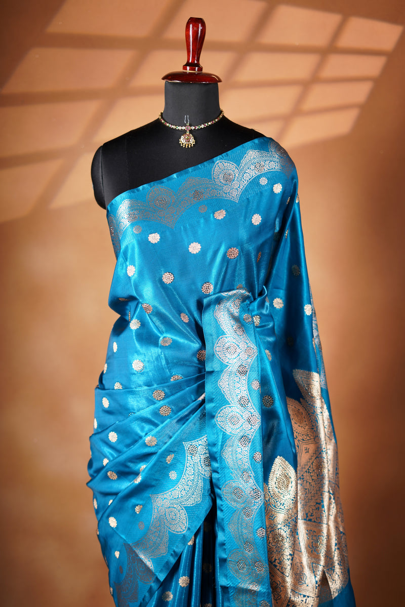 Turquoise Blue Banarasi Silk Saree | Silver Zari Border | Festive Wear with Solid Blouse