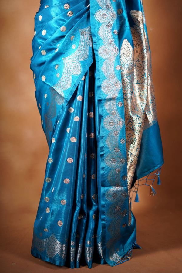 Turquoise Blue Banarasi Silk Saree | Silver Zari Border | Festive Wear with Solid Blouse