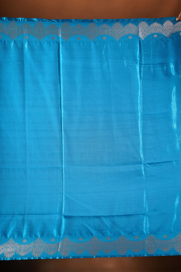 Turquoise Blue Banarasi Silk Saree | Silver Zari Border | Festive Wear with Solid Blouse