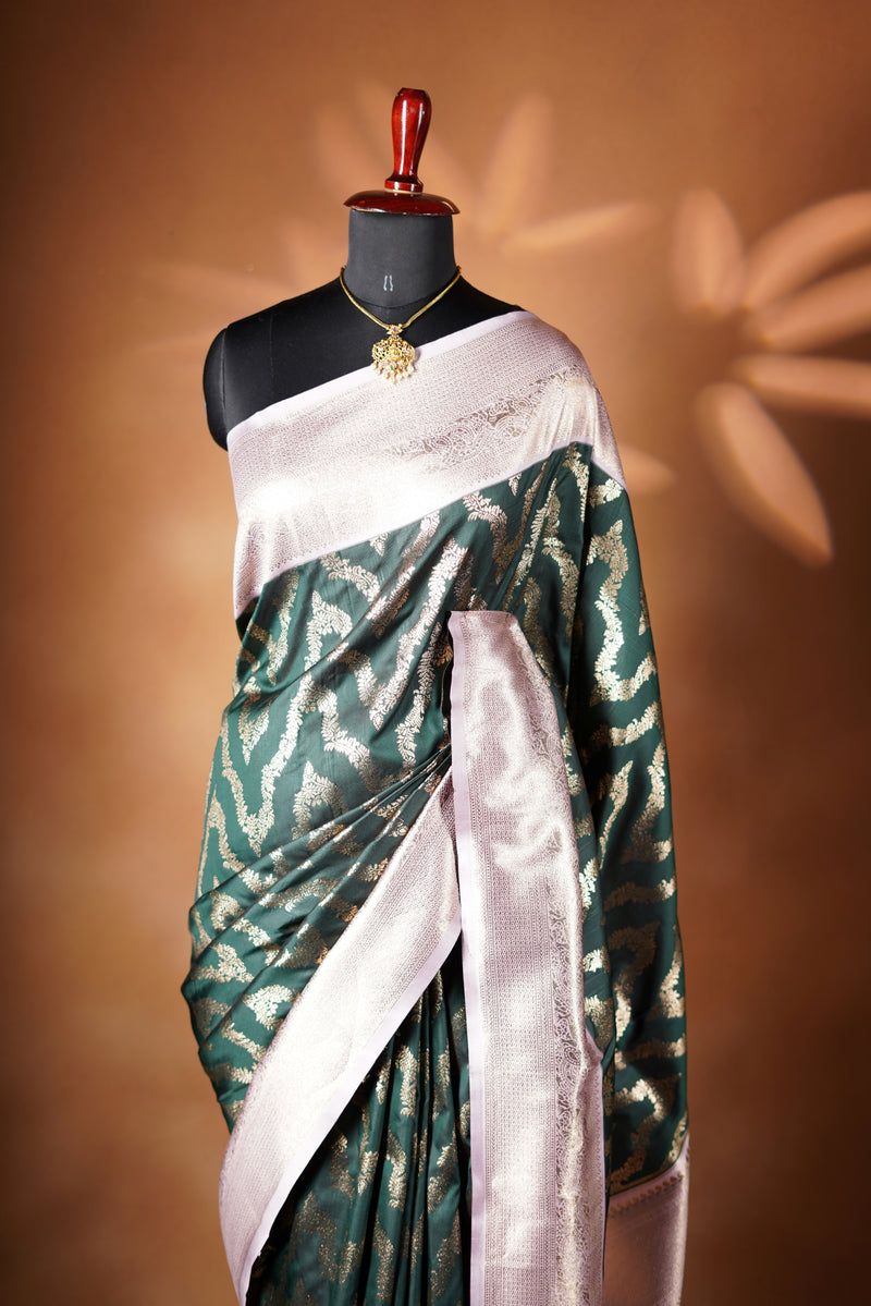 Bottle Green Banarasi Saree | Silver Zari Jaal Work | Festive & Traditional Occasions