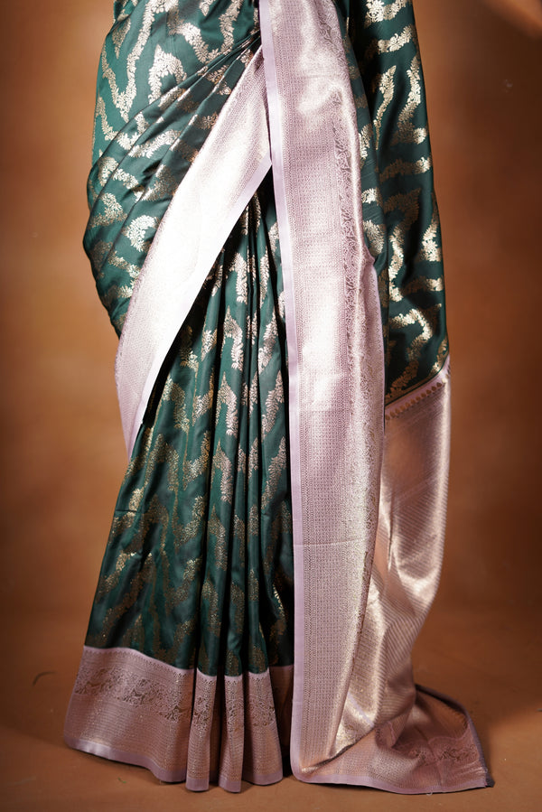 Bottle Green Banarasi Saree | Silver Zari Jaal Work | Festive & Traditional Occasions