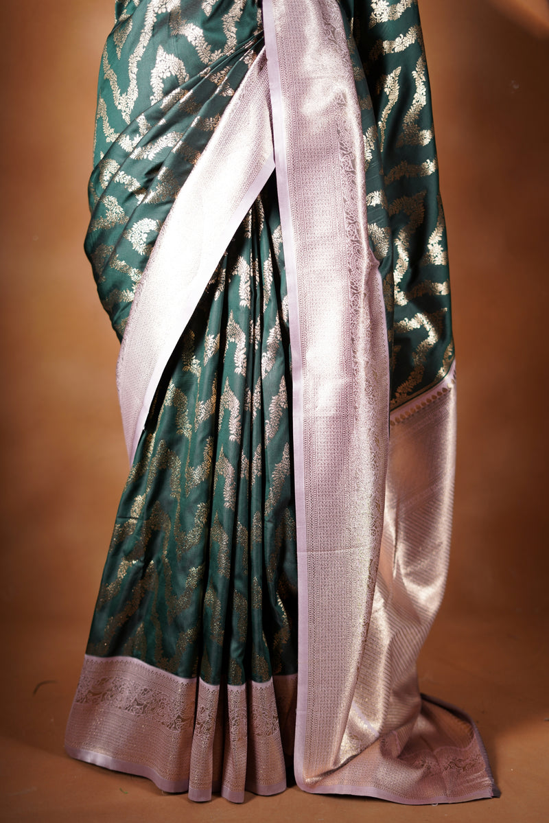 Bottle Green Banarasi Saree | Silver Zari Jaal Work | Festive & Traditional Occasions