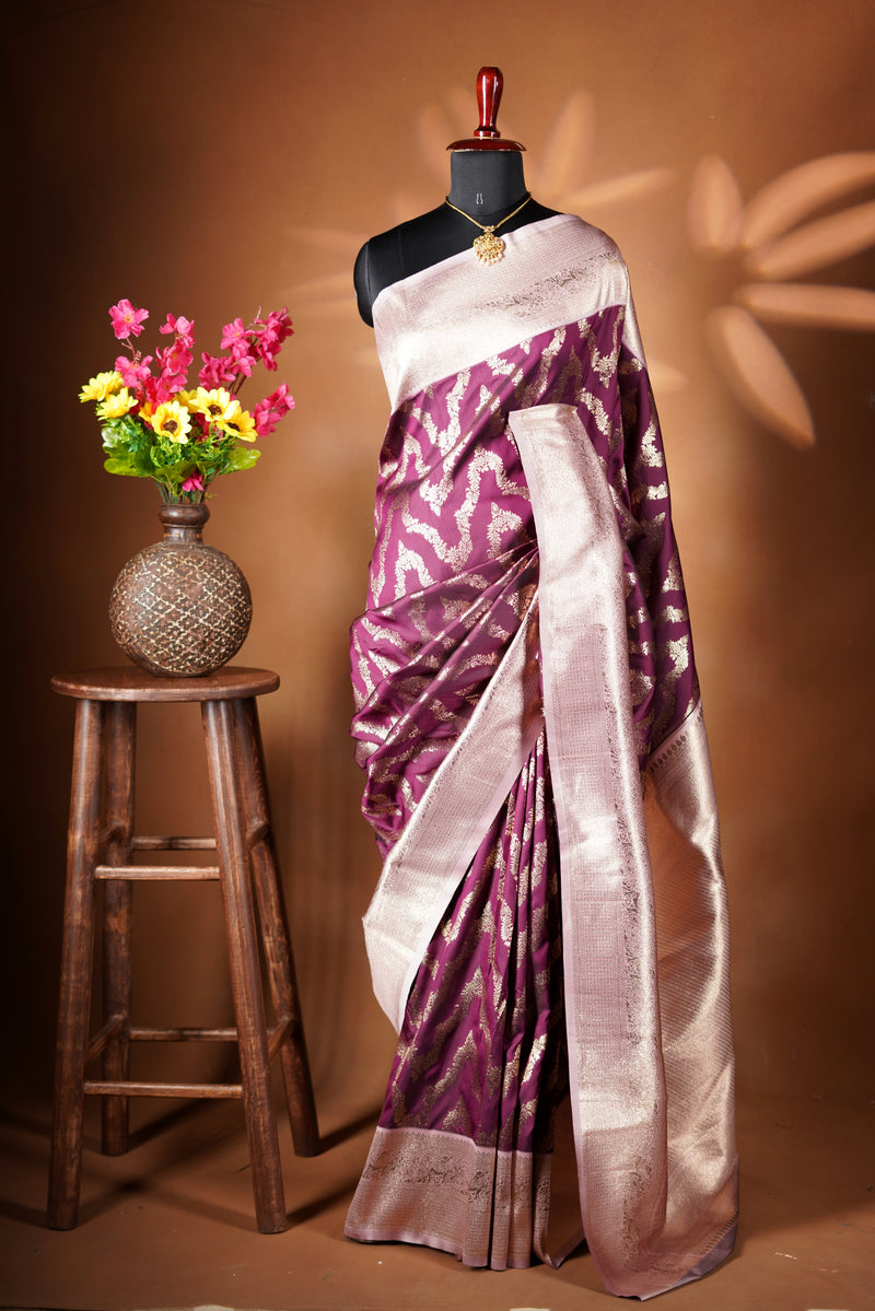 Deep Wine Bannarai Saree -  A masterpiece of weaving, Necklace Saree features a cascading silver-gold pattern that catches the light with every move with add on contrast blouse