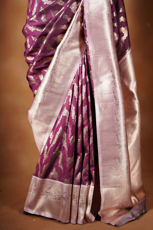 Deep Wine Bannarai Saree -  A masterpiece of weaving, Necklace Saree features a cascading silver-gold pattern that catches the light with every move with add on contrast blouse
