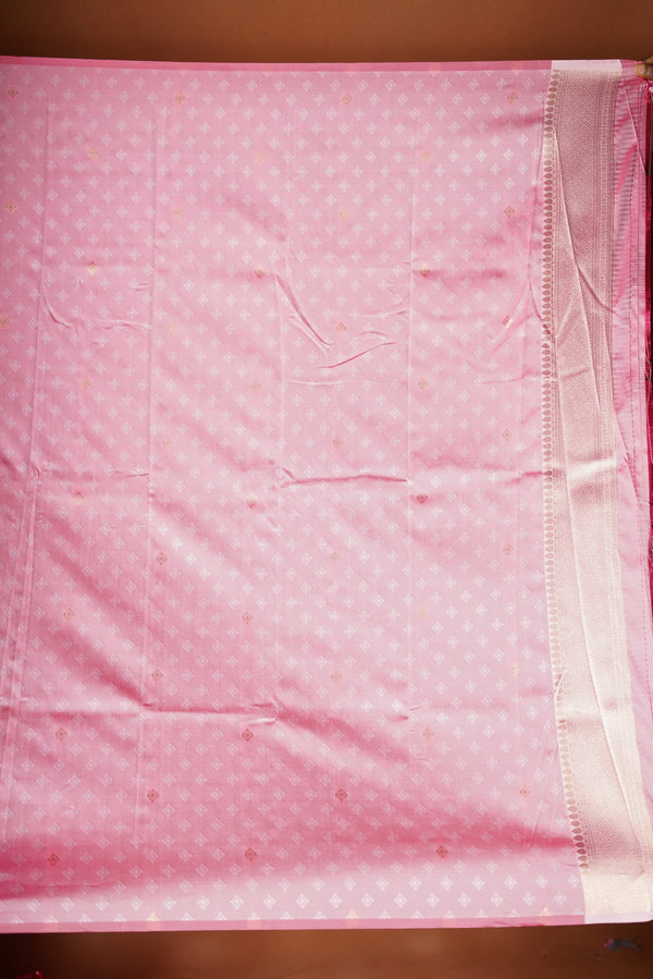 Rani Pink Banarasi Saree - A masterpiece of weaving, Necklace Saree features a cascading silver-gold pattern that catches the light with every move with add on contrast blouse
