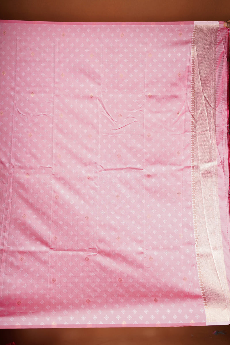 Rani Pink Banarasi Saree - A masterpiece of weaving, Necklace Saree features a cascading silver-gold pattern that catches the light with every move with add on contrast blouse