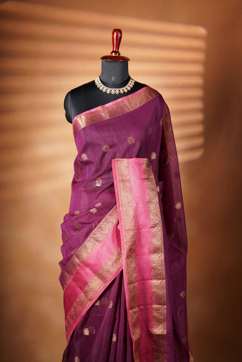 Deep Plum Kora Cotton Saree | Antique Gold Zari Border | Dry Clean Occasion Wear