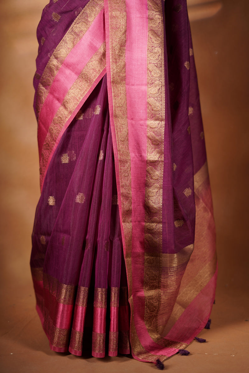 Deep Plum Kora Cotton Saree | Antique Gold Zari Border | Dry Clean Occasion Wear