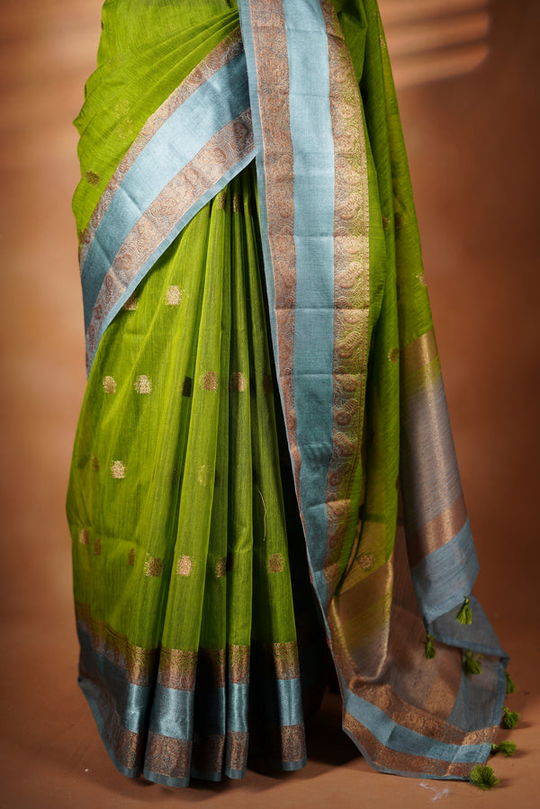 Green Kora Cotton Saree | Antique Gold Zari Border | Dry Clean Festive & Occasion Wear