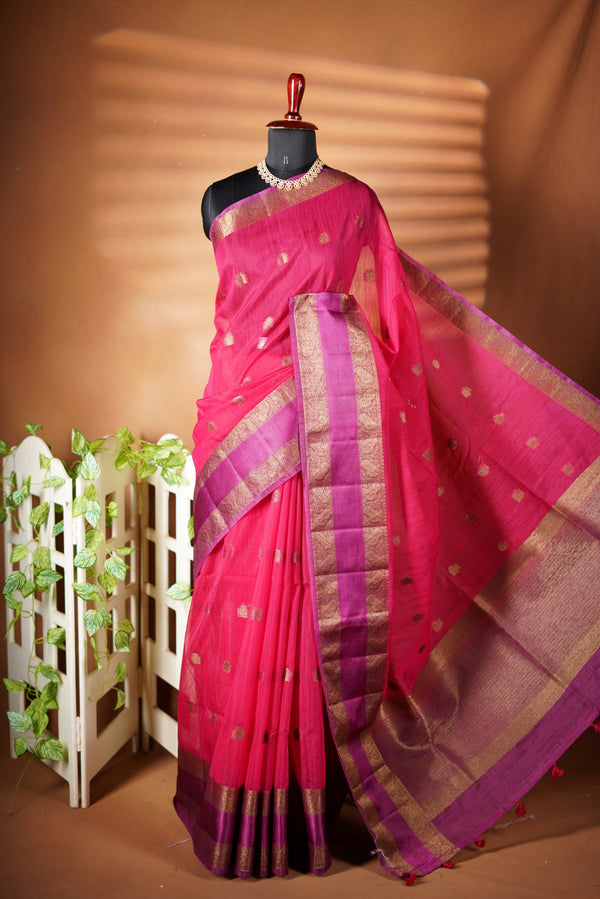 Pink Cora Cotton - Styled in a natural  dark tone, this Kora Cotton saree creates a comfort and rich look with copper contrast border, paired with a matching blouse