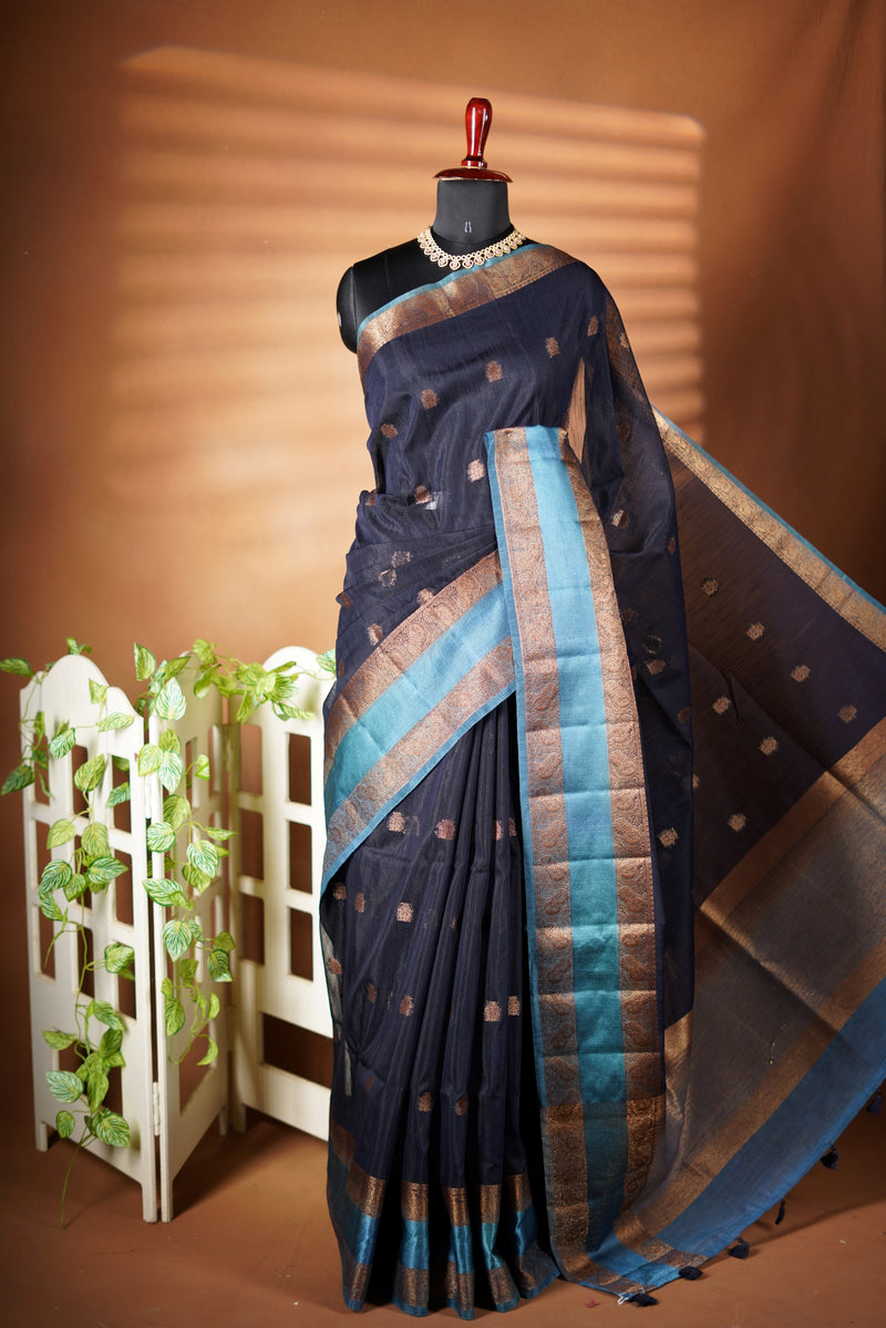 Navy Blue Kora Cotton Saree | Gold Zari Border | Dry Clean Traditional Festive Wear