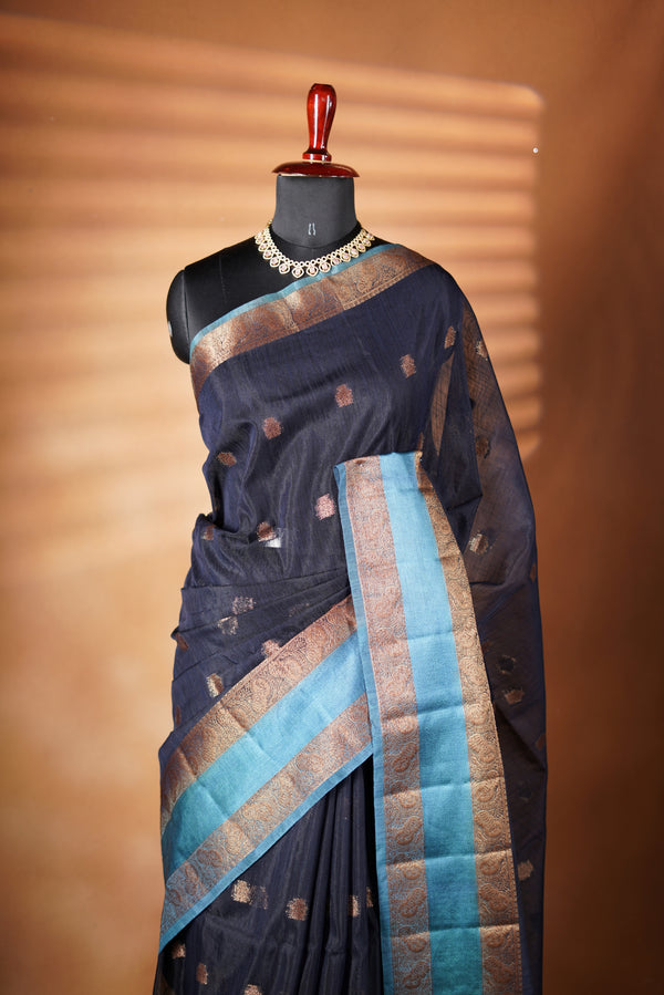 Navy Blue Kora Cotton Saree | Gold Zari Border | Dry Clean Traditional Festive Wear