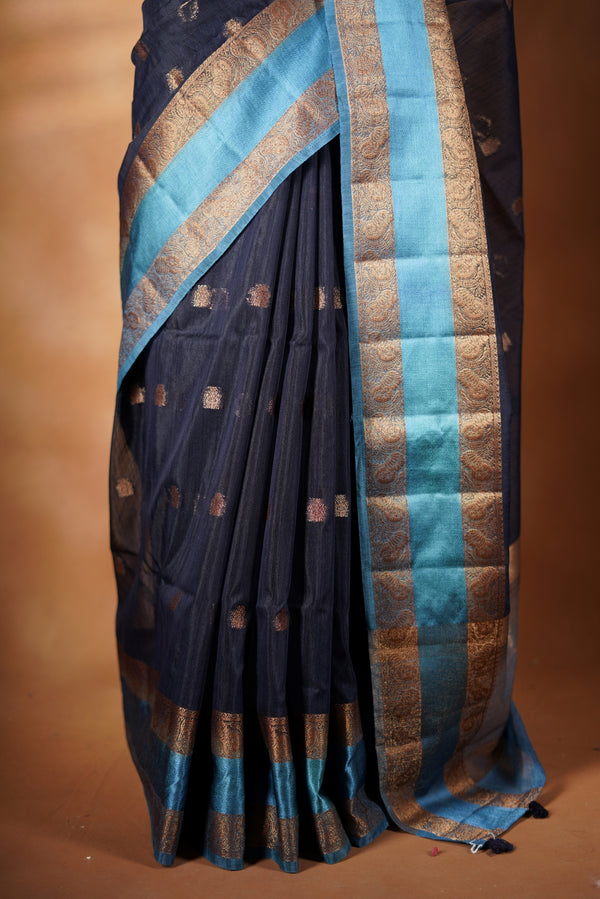 Navy Blue Kora Cotton Saree | Gold Zari Border | Dry Clean Traditional Festive Wear