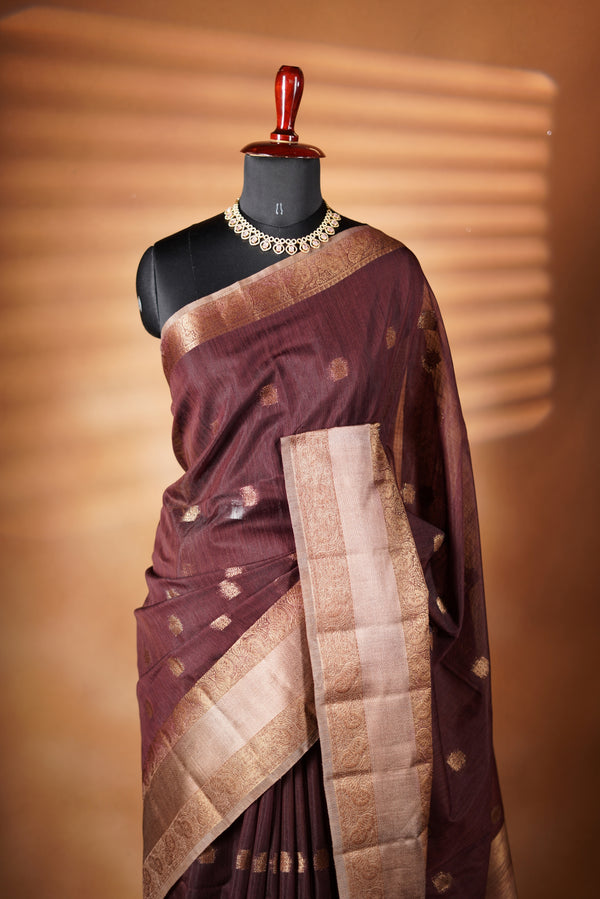 Coffee Brown Kora Cotton Saree | Antique Gold Zari Border | Dry Clean Festive Wear