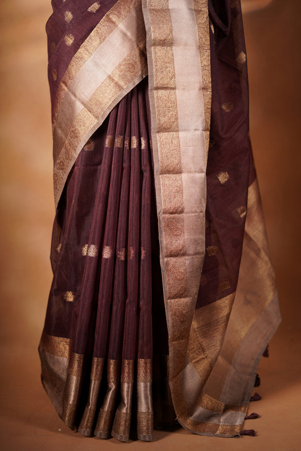 Coffee Brown Kora Cotton Saree | Antique Gold Zari Border | Dry Clean Festive Wear
