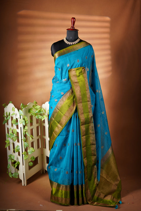 Teal Blue Kora Cotton Saree | Gold Zari Border Green Contrast | Festive Occasion Wear
