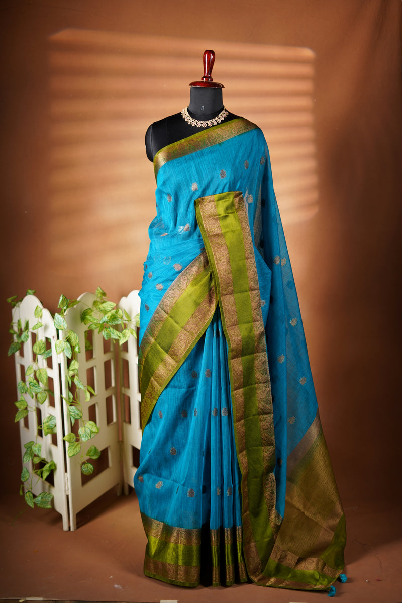 Teal Blue Kora Cotton Saree | Gold Zari Border Green Contrast | Festive Occasion Wear