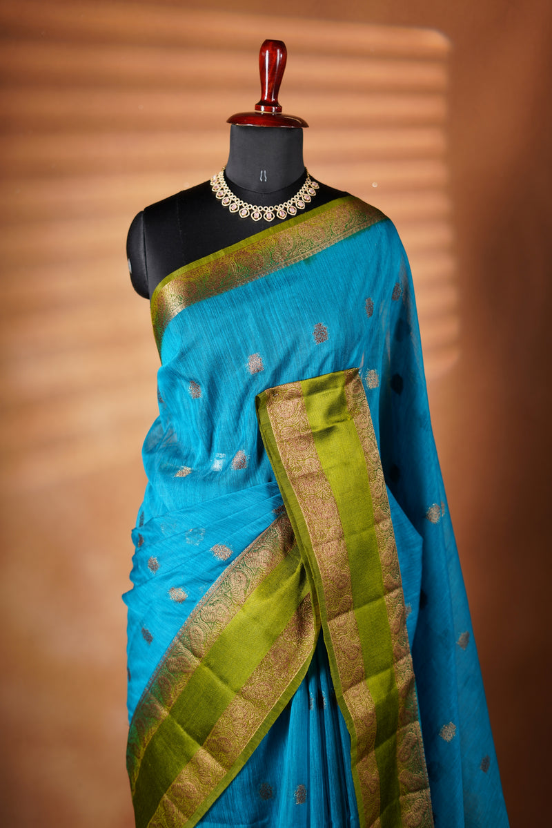 Teal Blue Kora Cotton Saree | Gold Zari Border Green Contrast | Festive Occasion Wear